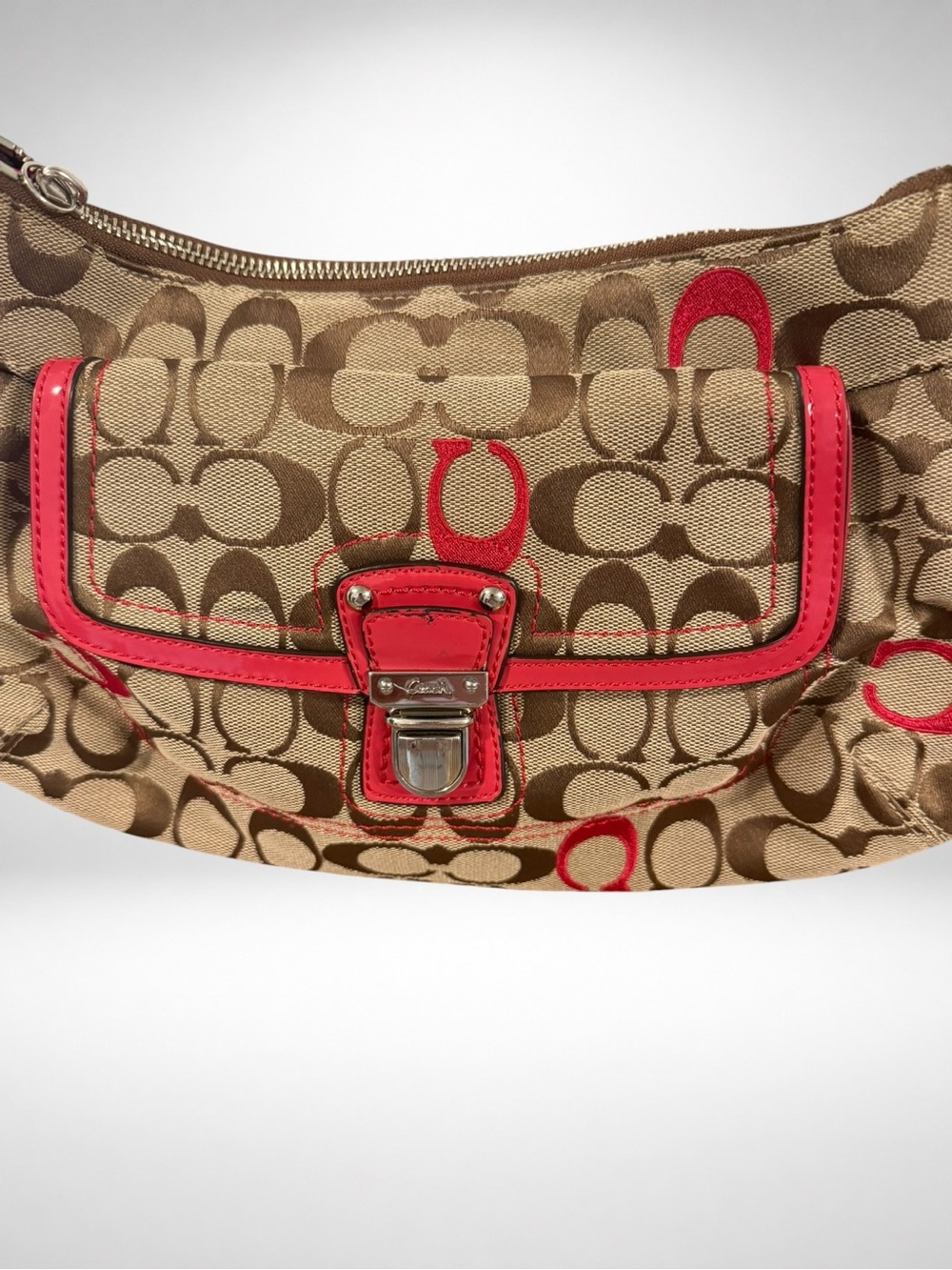 COACH Soho 2 Way Signature Canvas Shoulder Bag Khaki Pink Patent Leather 21623 - Picture 4 of 14